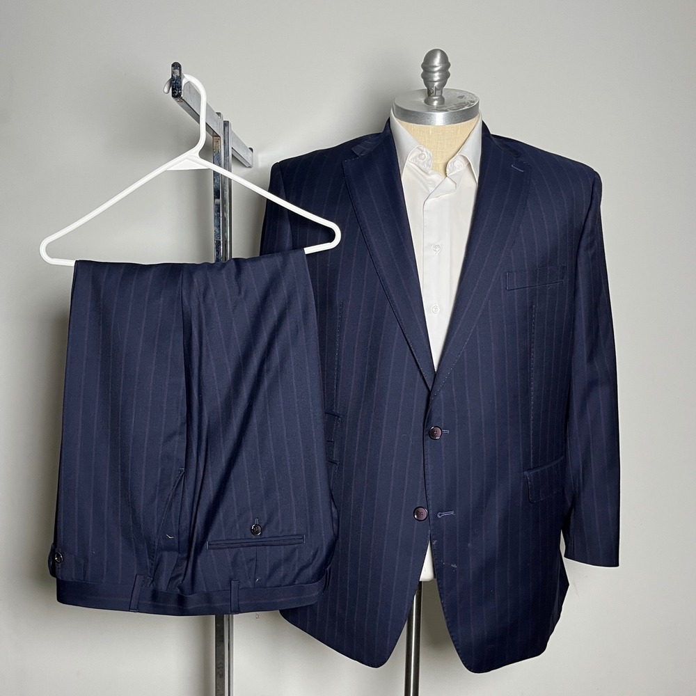 Tayion Suit Mens 48L 42W Navy Blue Pinstripe Wool Blend Two Button Professional